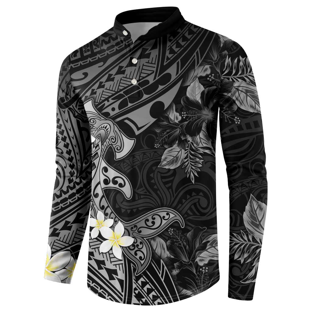 Polynesia Hammerhead Shark Button Sweatshirt Tropical Flowers Tribal Pattern Black LT05 - Polynesian Pride