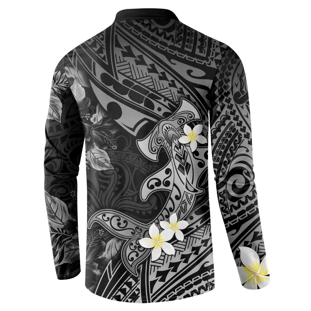Polynesia Hammerhead Shark Button Sweatshirt Tropical Flowers Tribal Pattern Black LT05 - Polynesian Pride