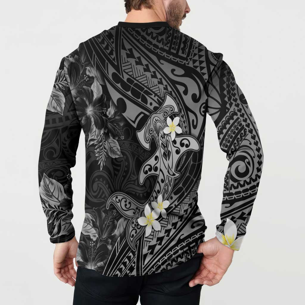 Polynesia Hammerhead Shark Button Sweatshirt Tropical Flowers Tribal Pattern Black LT05 - Polynesian Pride