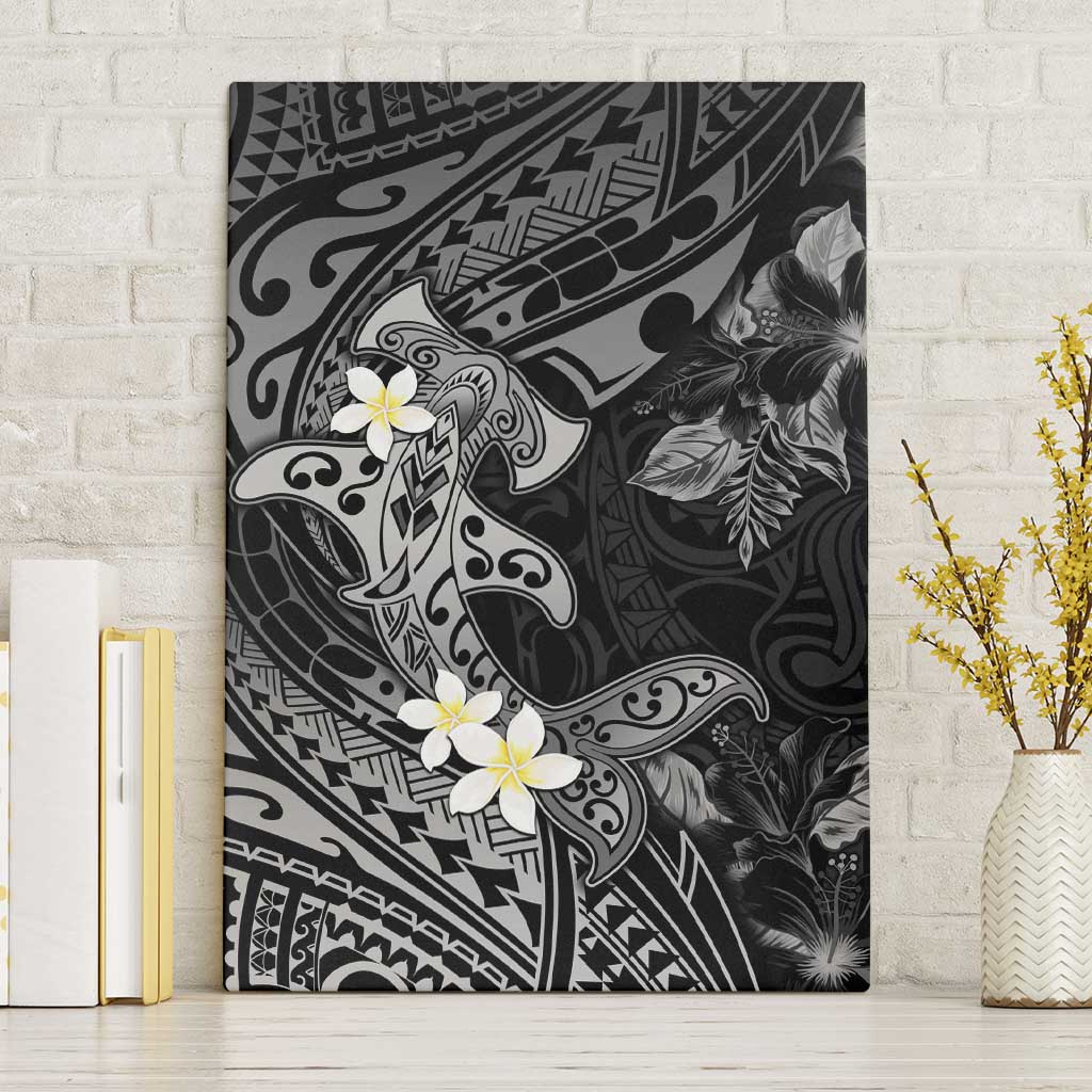 Polynesia Hammerhead Shark Canvas Wall Art Tropical Flowers Tribal Pattern Black