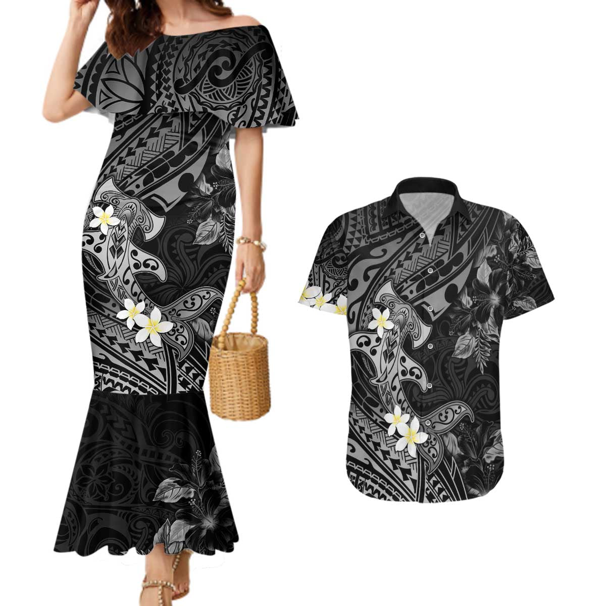 Polynesia Hammerhead Shark Couples Matching Mermaid Dress and Hawaiian Shirt Tropical Flowers Tribal Pattern Black