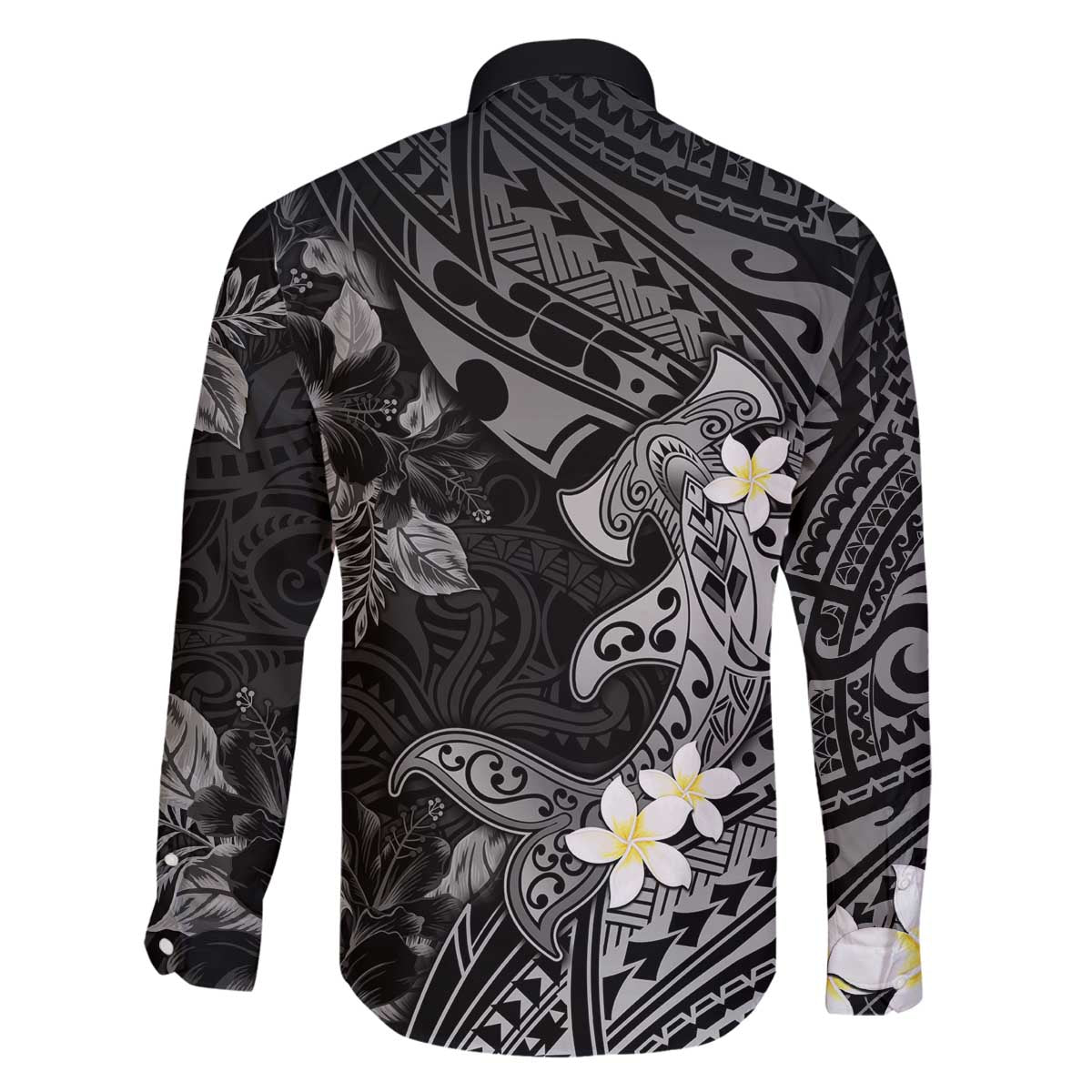 Polynesia Hammerhead Shark Family Matching Puletasi and Hawaiian Shirt Tropical Flowers Tribal Pattern Black