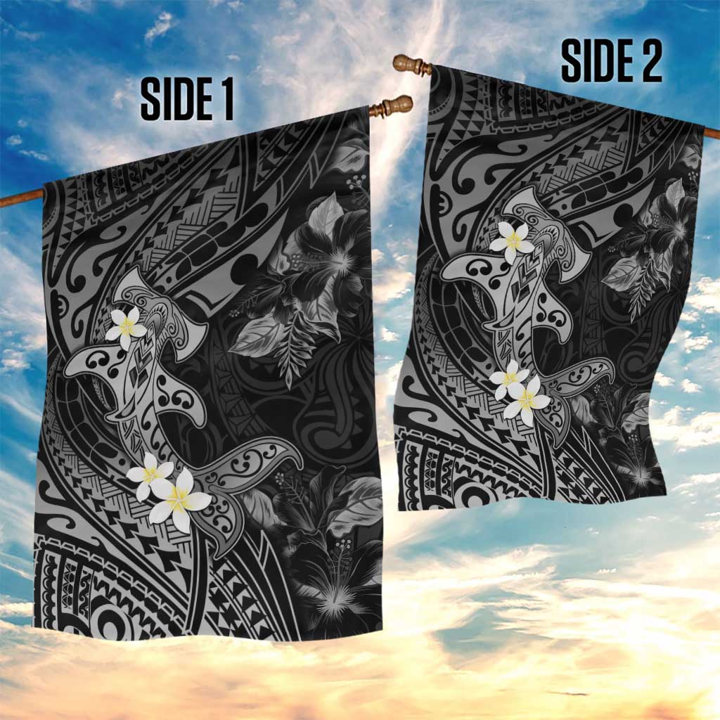 Polynesia Hammerhead Shark Garden Flag Tropical Flowers Tribal Pattern Black