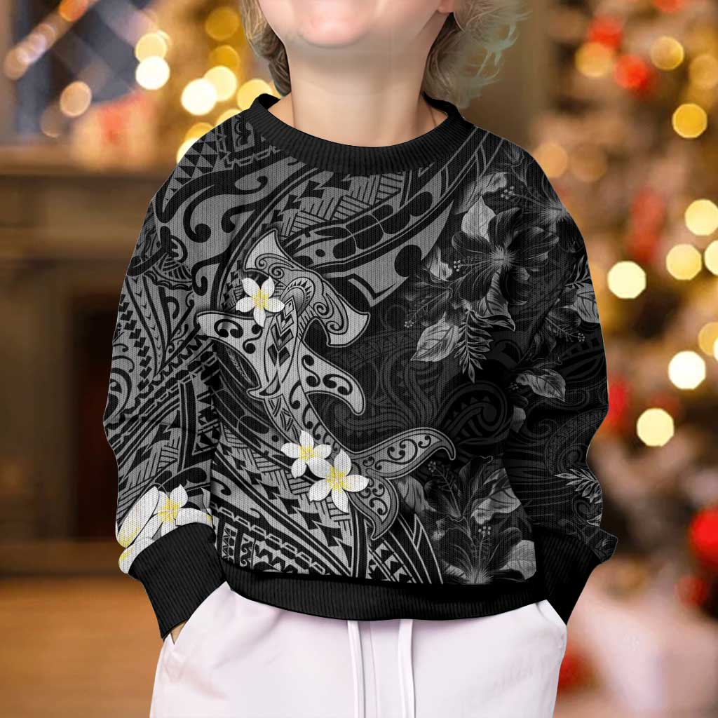 Polynesia Hammerhead Shark Kid Ugly Christmas Sweater Tropical Flowers Tribal Pattern Black LT05 - Polynesian Pride