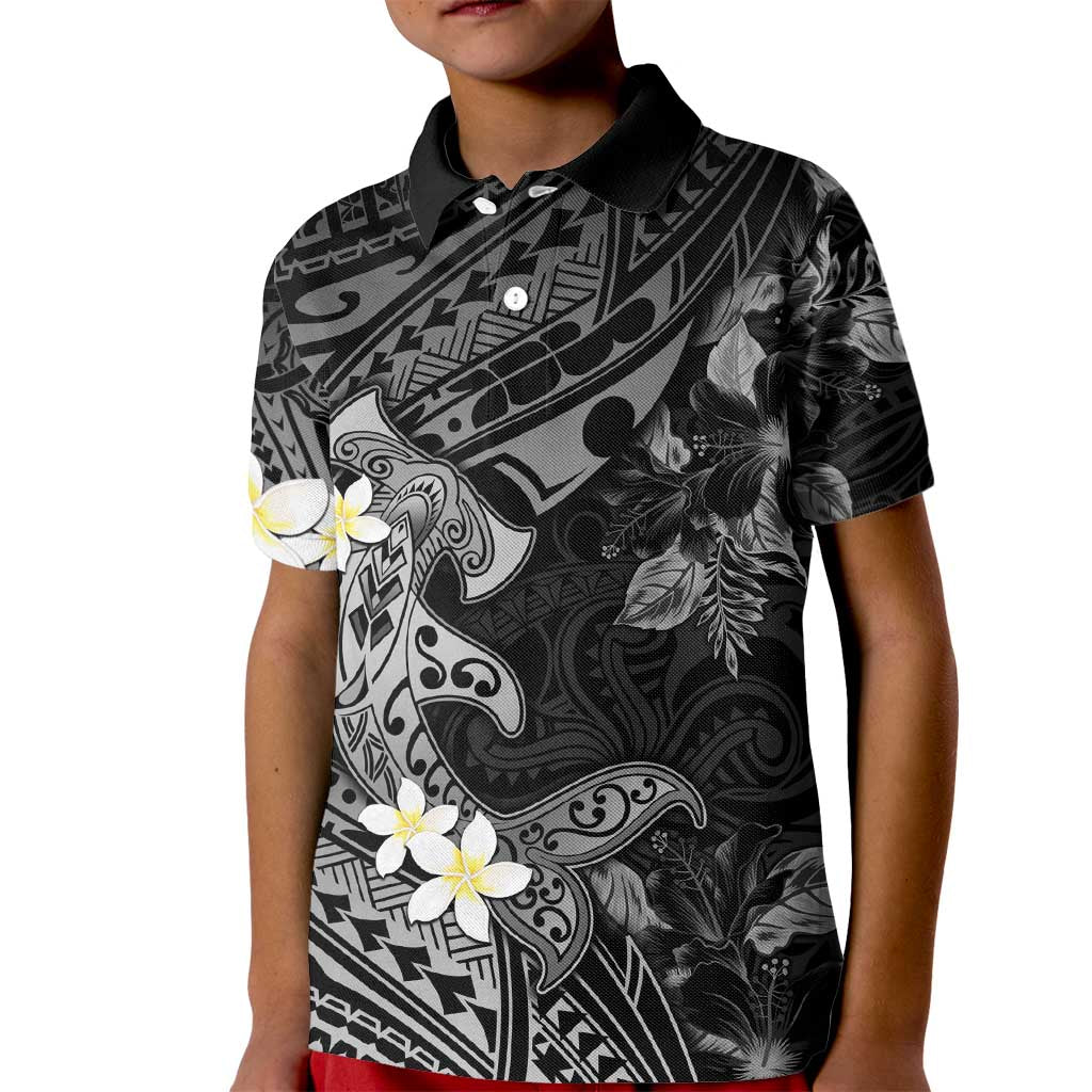 Polynesia Hammerhead Shark Kid Polo Shirt Tropical Flowers Tribal Pattern Black LT05 Kid Black - Polynesian Pride