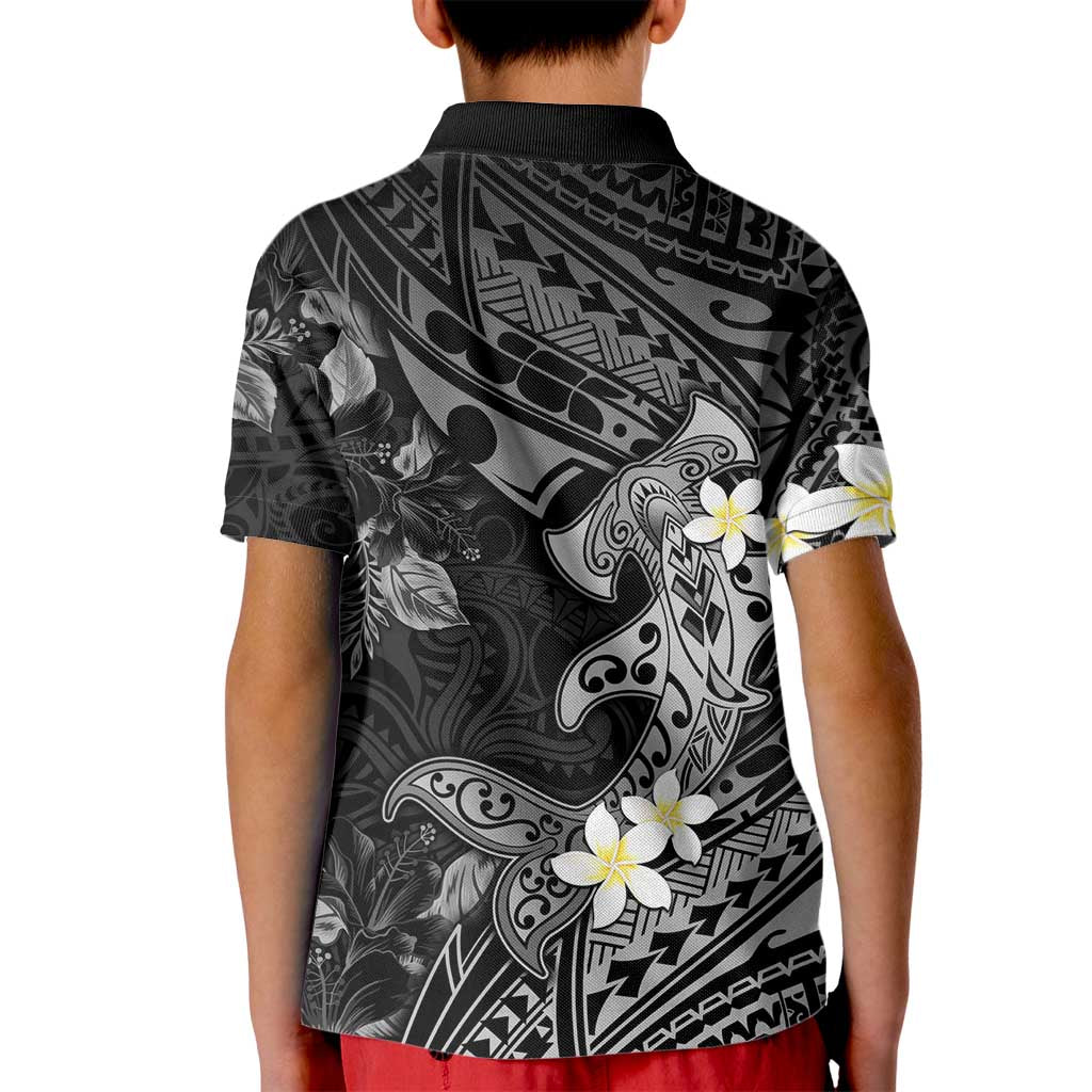 Polynesia Hammerhead Shark Kid Polo Shirt Tropical Flowers Tribal Pattern Black LT05 - Polynesian Pride