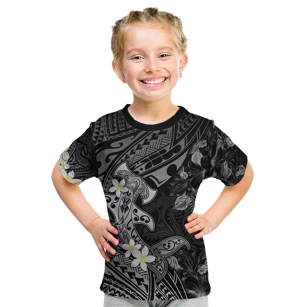 Polynesia Hammerhead Shark Kid T Shirt Tropical Flowers Tribal Pattern Black LT05 Black - Polynesian Pride