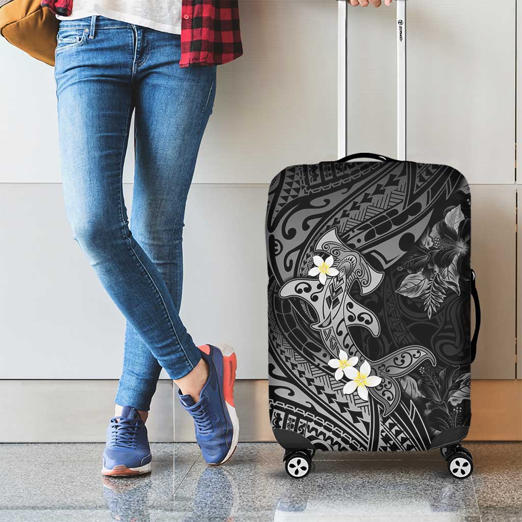 Polynesia Hammerhead Shark Luggage Cover Tropical Flowers Tribal Pattern Black