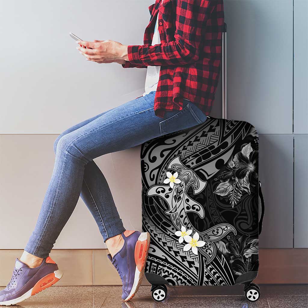Polynesia Hammerhead Shark Luggage Cover Tropical Flowers Tribal Pattern Black