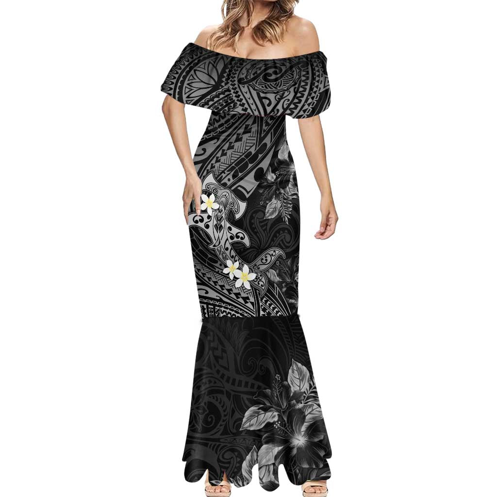 Polynesia Hammerhead Shark Mermaid Dress Tropical Flowers Tribal Pattern Black LT05 - Polynesian Pride