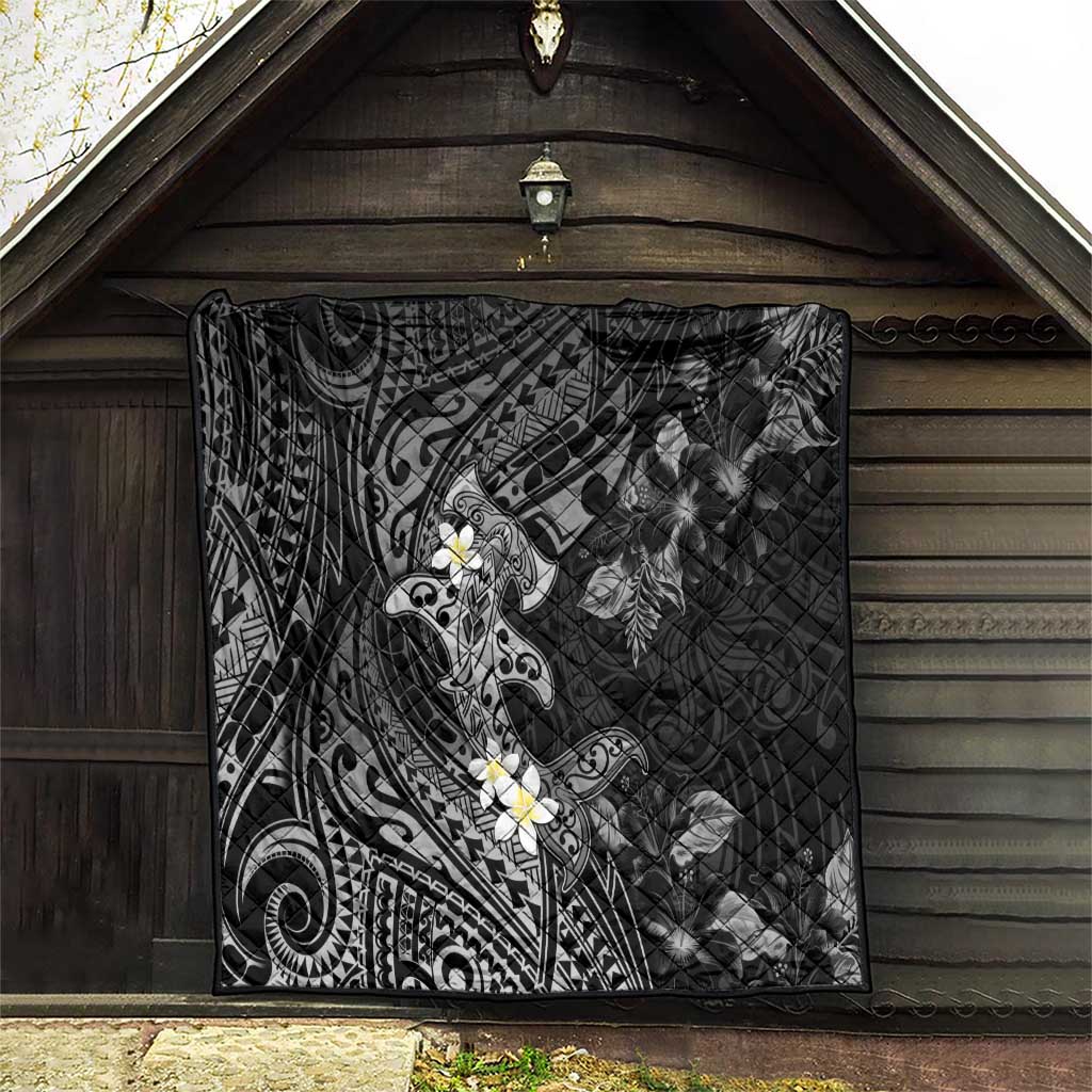 Polynesia Hammerhead Shark Quilt Tropical Flowers Tribal Pattern Black LT05 - Polynesian Pride
