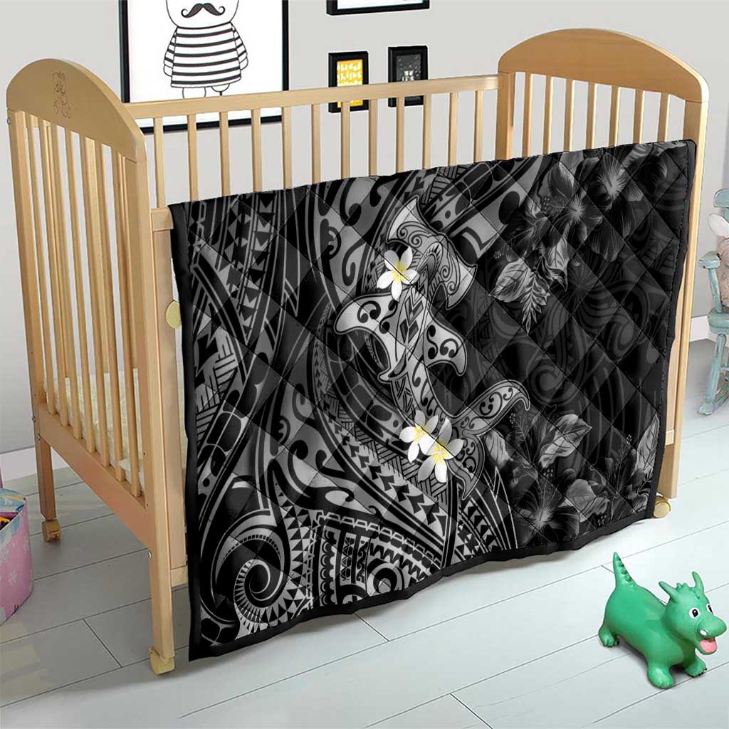 Polynesia Hammerhead Shark Quilt Tropical Flowers Tribal Pattern Black LT05 - Polynesian Pride