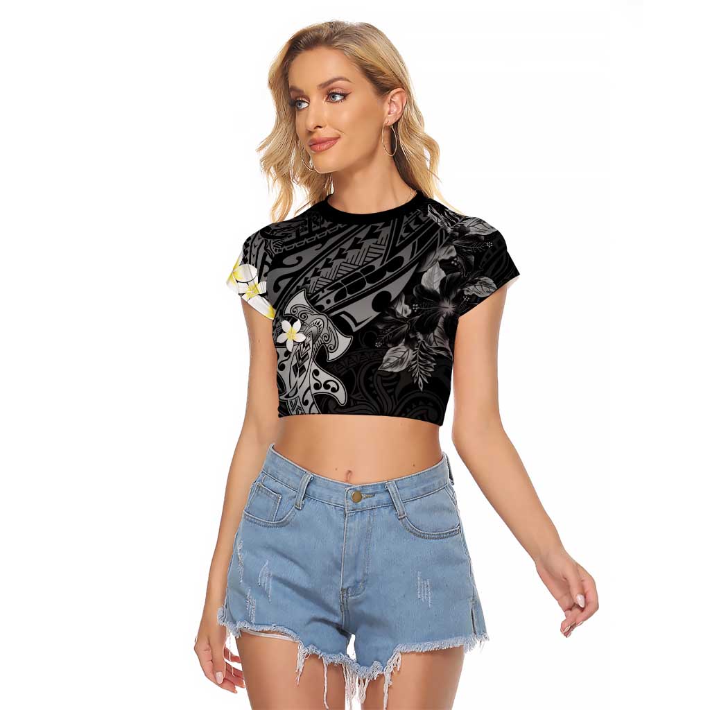 Polynesia Hammerhead Shark Raglan Cropped T Shirt Tropical Flowers Tribal Pattern Black LT05 Female Black - Polynesian Pride