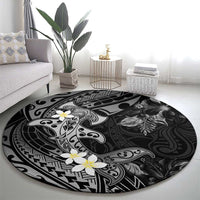 Polynesia Hammerhead Shark Round Carpet Tropical Flowers Tribal Pattern Black