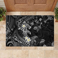 Polynesia Hammerhead Shark Rubber Doormat Tropical Flowers Tribal Pattern Black