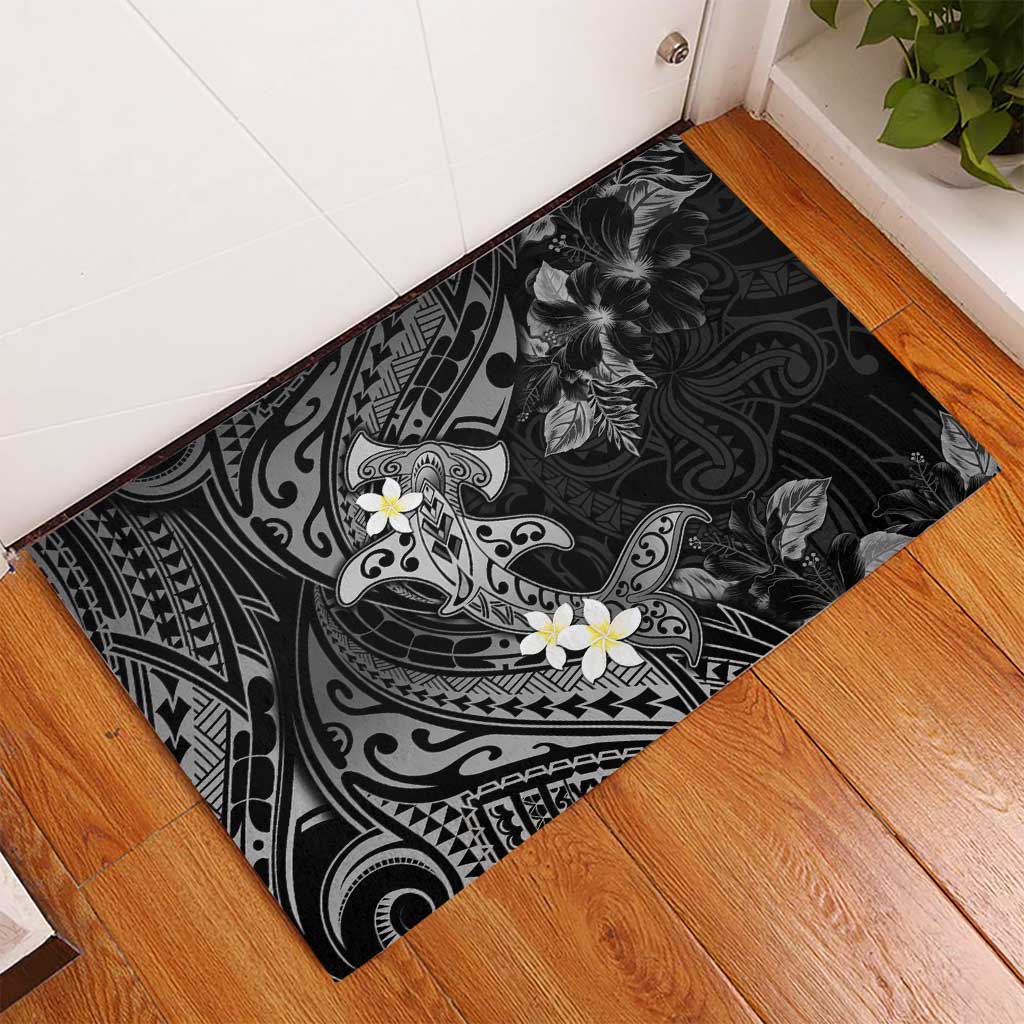 Polynesia Hammerhead Shark Rubber Doormat Tropical Flowers Tribal Pattern Black