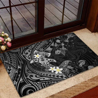Polynesia Hammerhead Shark Rubber Doormat Tropical Flowers Tribal Pattern Black
