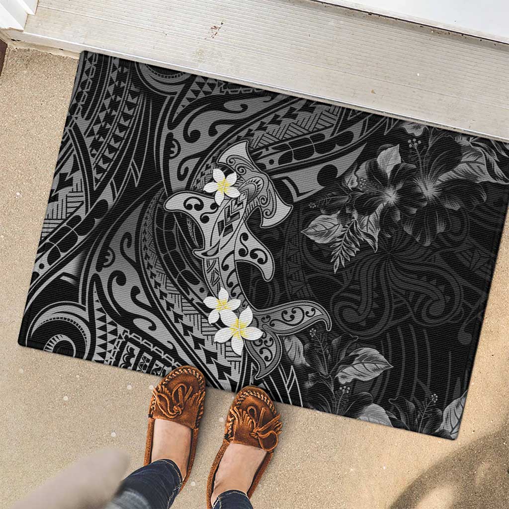 Polynesia Hammerhead Shark Rubber Doormat Tropical Flowers Tribal Pattern Black