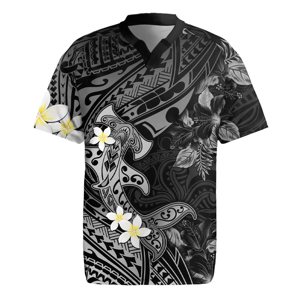 Polynesia Hammerhead Shark Rugby Jersey Tropical Flowers Tribal Pattern Black