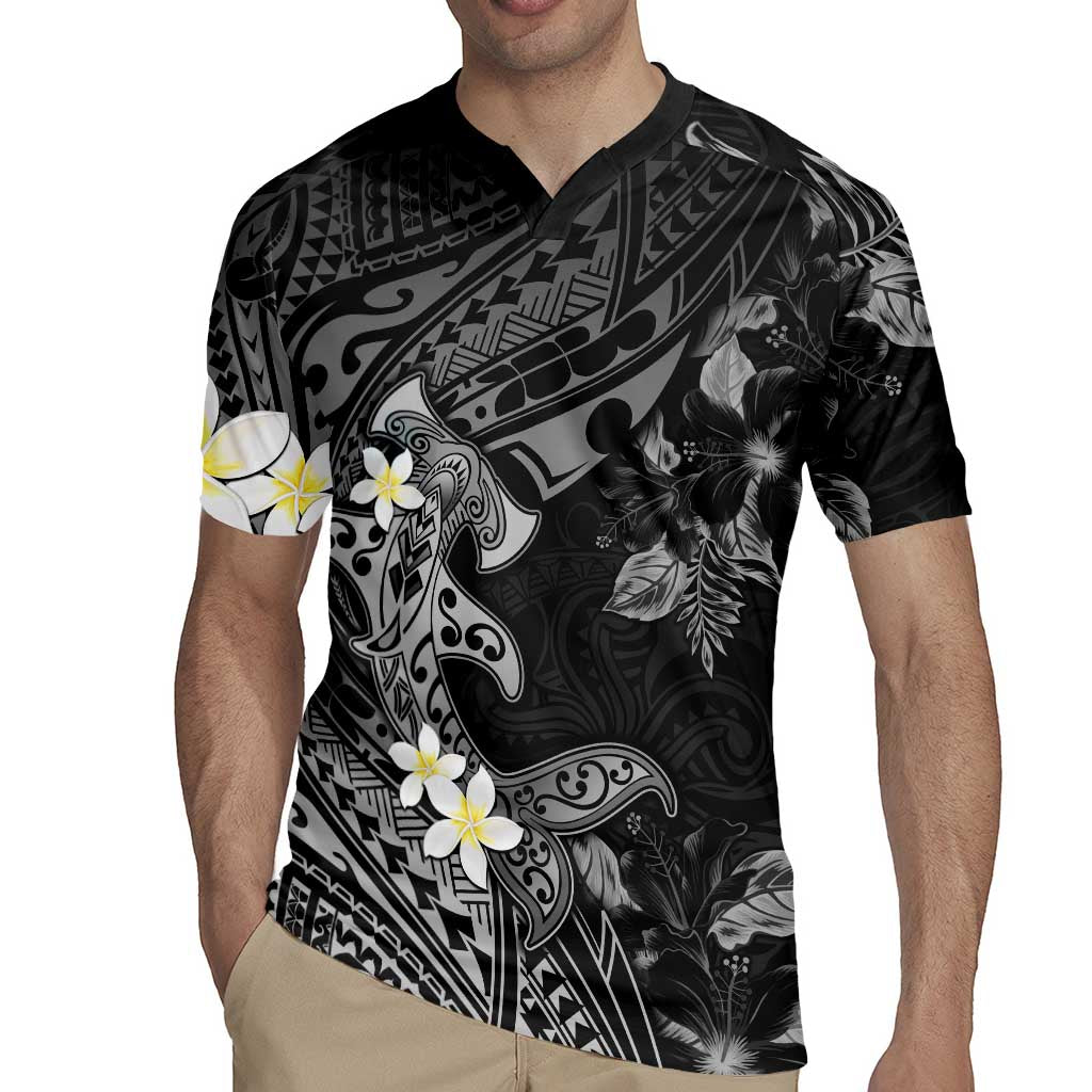 Polynesia Hammerhead Shark Rugby Jersey Tropical Flowers Tribal Pattern Black
