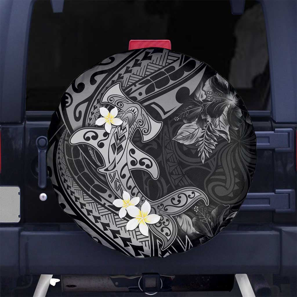 Polynesia Hammerhead Shark Spare Tire Cover Tropical Flowers Tribal Pattern Black