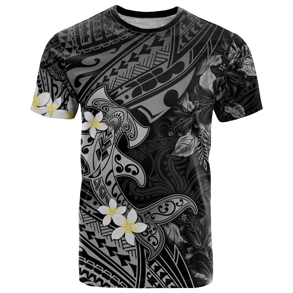 Polynesia Hammerhead Shark T Shirt Tropical Flowers Tribal Pattern Black