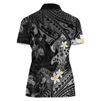 Polynesia Hammerhead Shark Women Polo Shirt Tropical Flowers Tribal Pattern Black