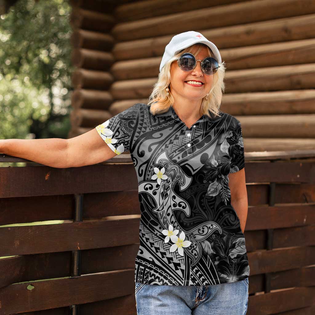 Polynesia Hammerhead Shark Women Polo Shirt Tropical Flowers Tribal Pattern Black