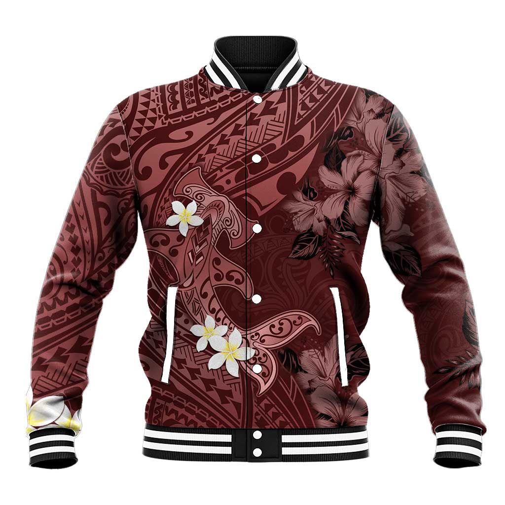 Polynesia Hammerhead Shark Baseball Jacket Tropical Flowers Tribal Pattern Oxblood