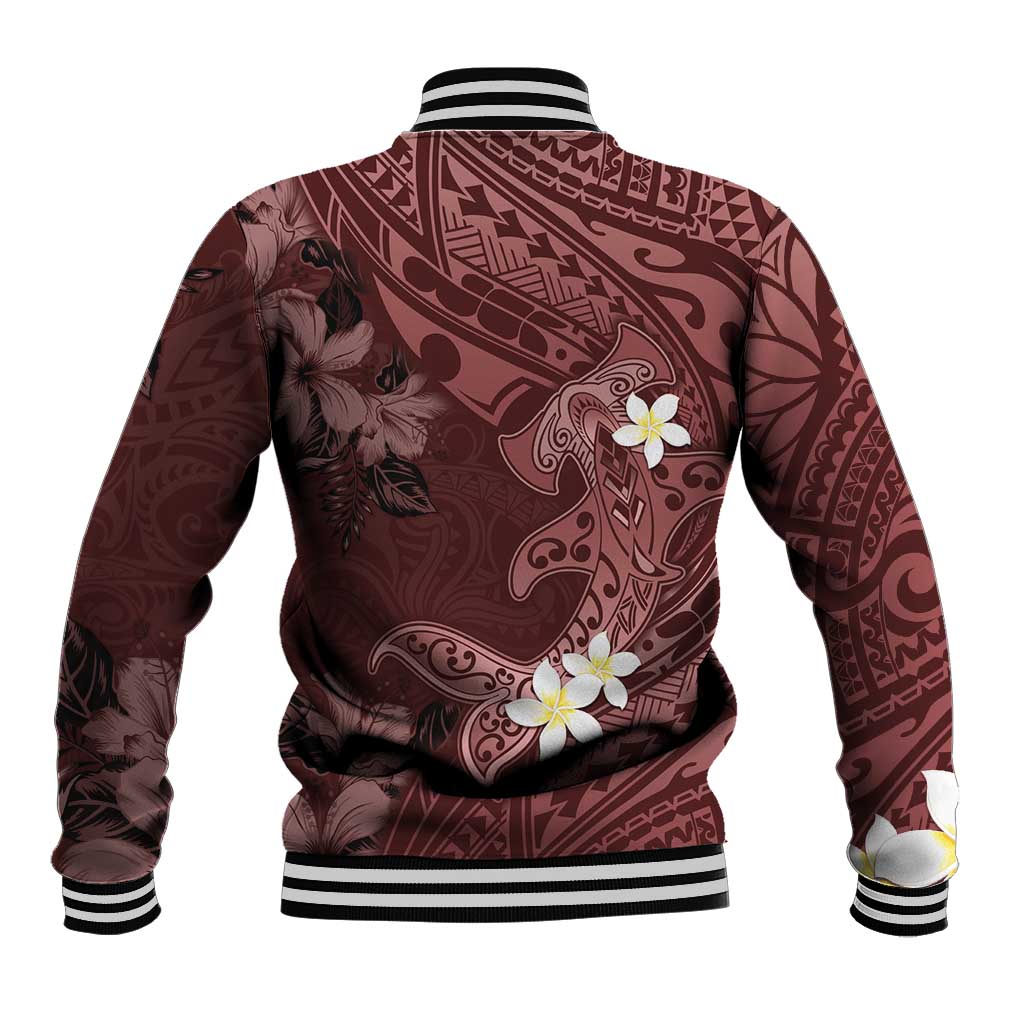 Polynesia Hammerhead Shark Baseball Jacket Tropical Flowers Tribal Pattern Oxblood