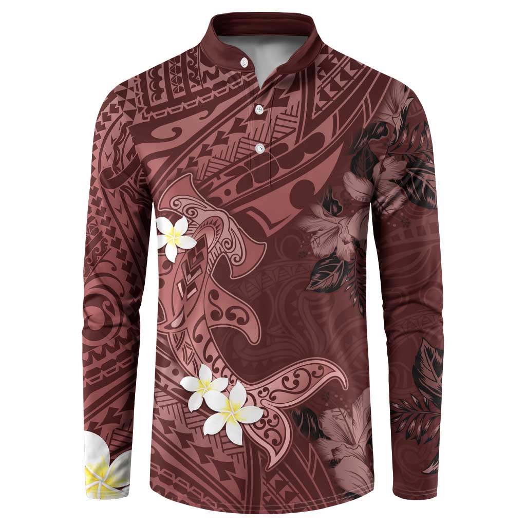 Polynesia Hammerhead Shark Button Sweatshirt Tropical Flowers Tribal Pattern Oxblood LT05 Oxblood - Polynesian Pride
