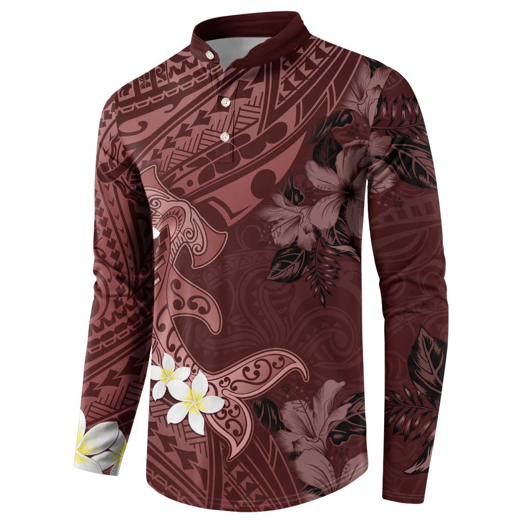 Polynesia Hammerhead Shark Button Sweatshirt Tropical Flowers Tribal Pattern Oxblood LT05 - Polynesian Pride
