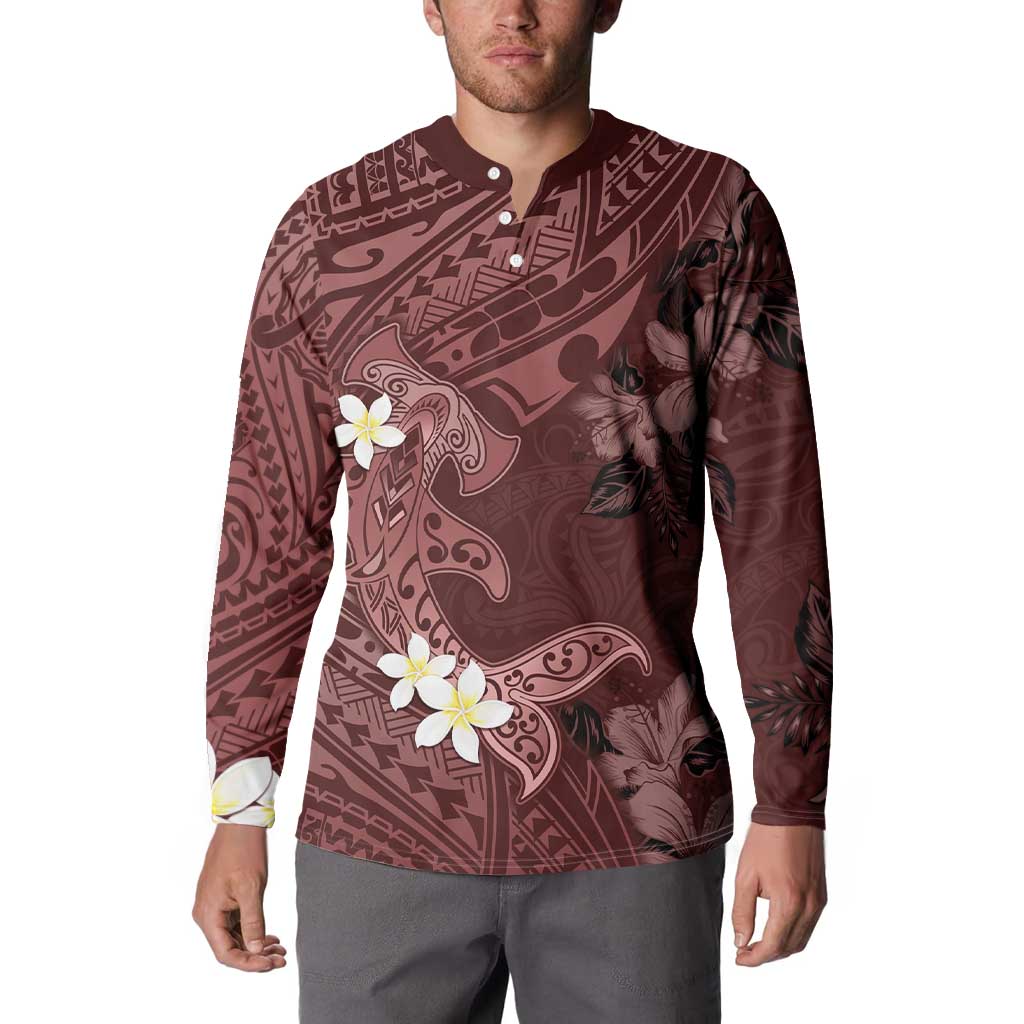 Polynesia Hammerhead Shark Button Sweatshirt Tropical Flowers Tribal Pattern Oxblood LT05 - Polynesian Pride