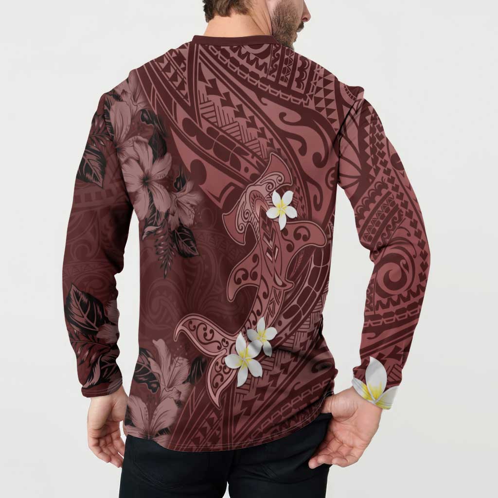 Polynesia Hammerhead Shark Button Sweatshirt Tropical Flowers Tribal Pattern Oxblood LT05 - Polynesian Pride