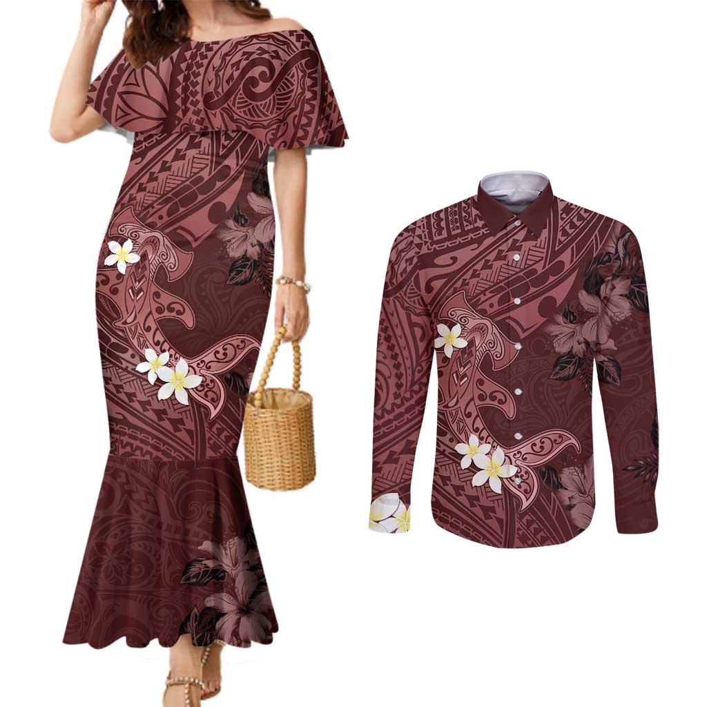 Polynesia Hammerhead Shark Couples Matching Mermaid Dress and Long Sleeve Button Shirt Tropical Flowers Tribal Pattern Oxblood