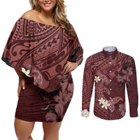 Polynesia Hammerhead Shark Couples Matching Off Shoulder Short Dress and Long Sleeve Button Shirt Tropical Flowers Tribal Pattern Oxblood