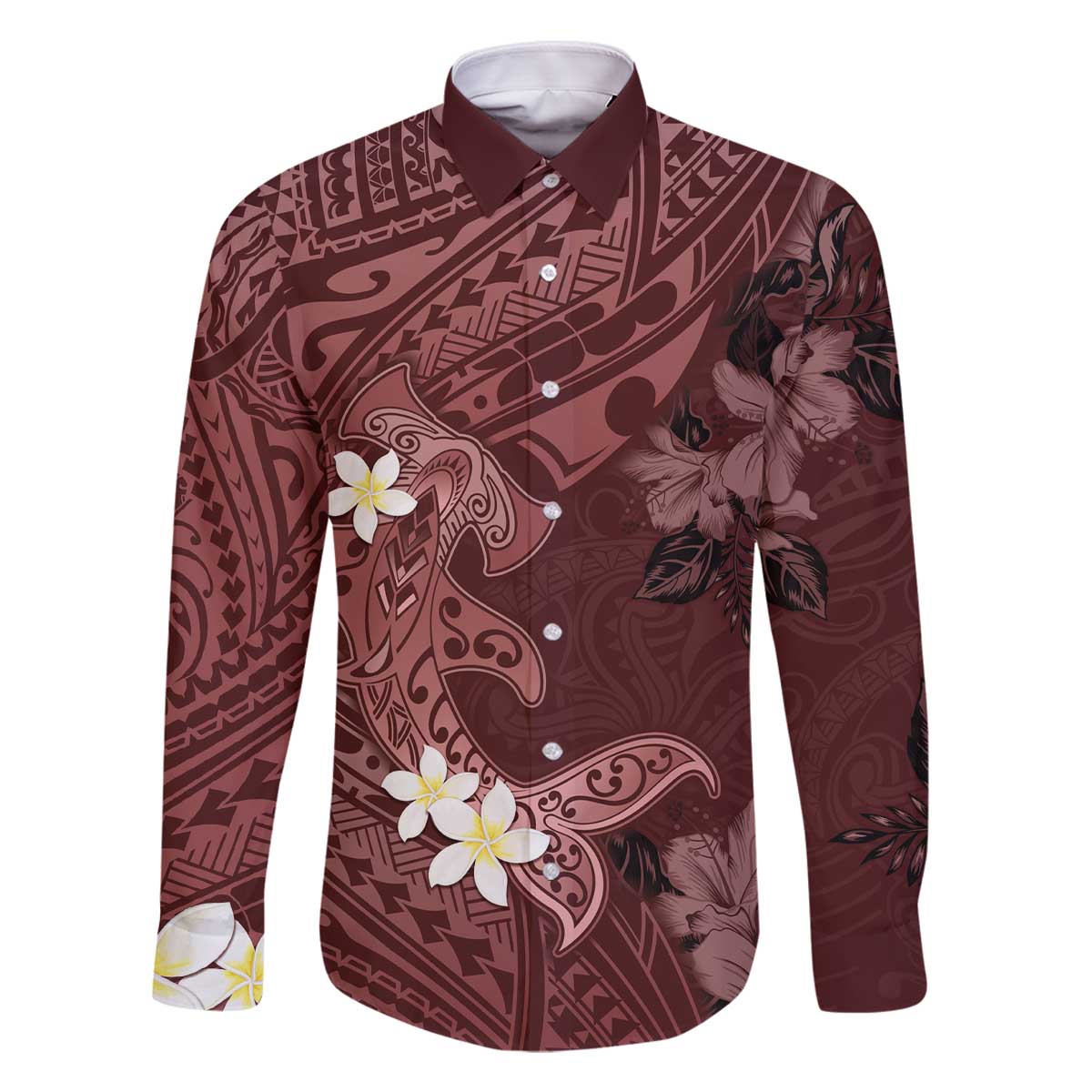 Polynesia Hammerhead Shark Family Matching Off Shoulder Short Dress and Hawaiian Shirt Tropical Flowers Tribal Pattern Oxblood