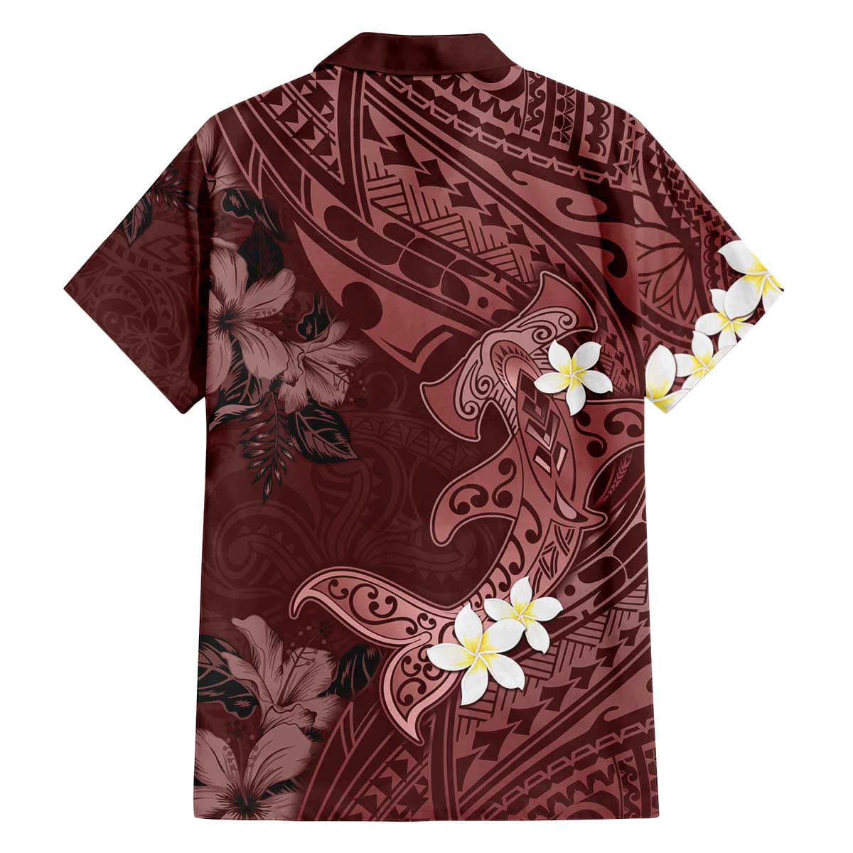 Polynesia Hammerhead Shark Family Matching Puletasi and Hawaiian Shirt Tropical Flowers Tribal Pattern Oxblood