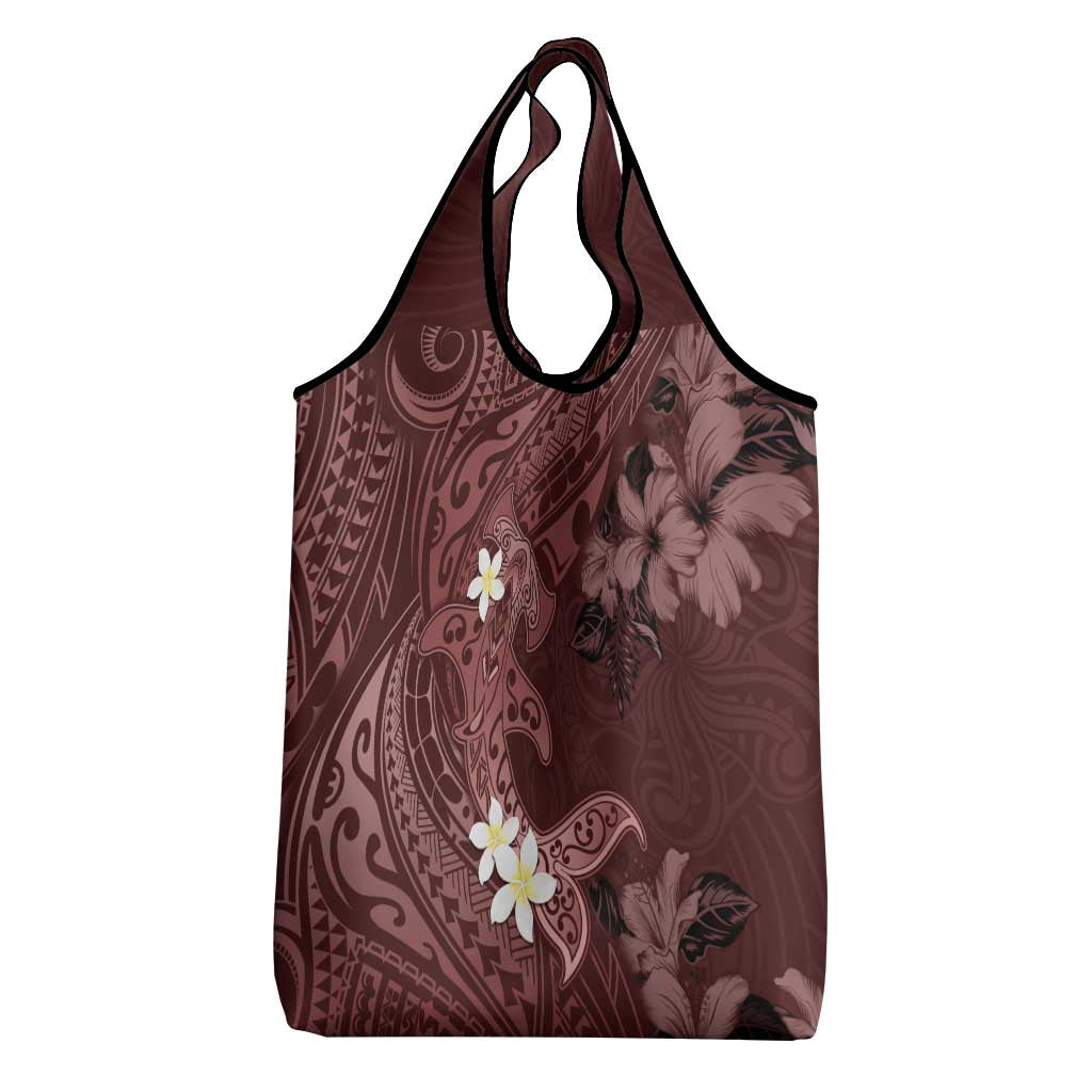 Polynesia Hammerhead Shark Grocery Bag Tropical Flowers Tribal Pattern Oxblood LT05 - Polynesian Pride
