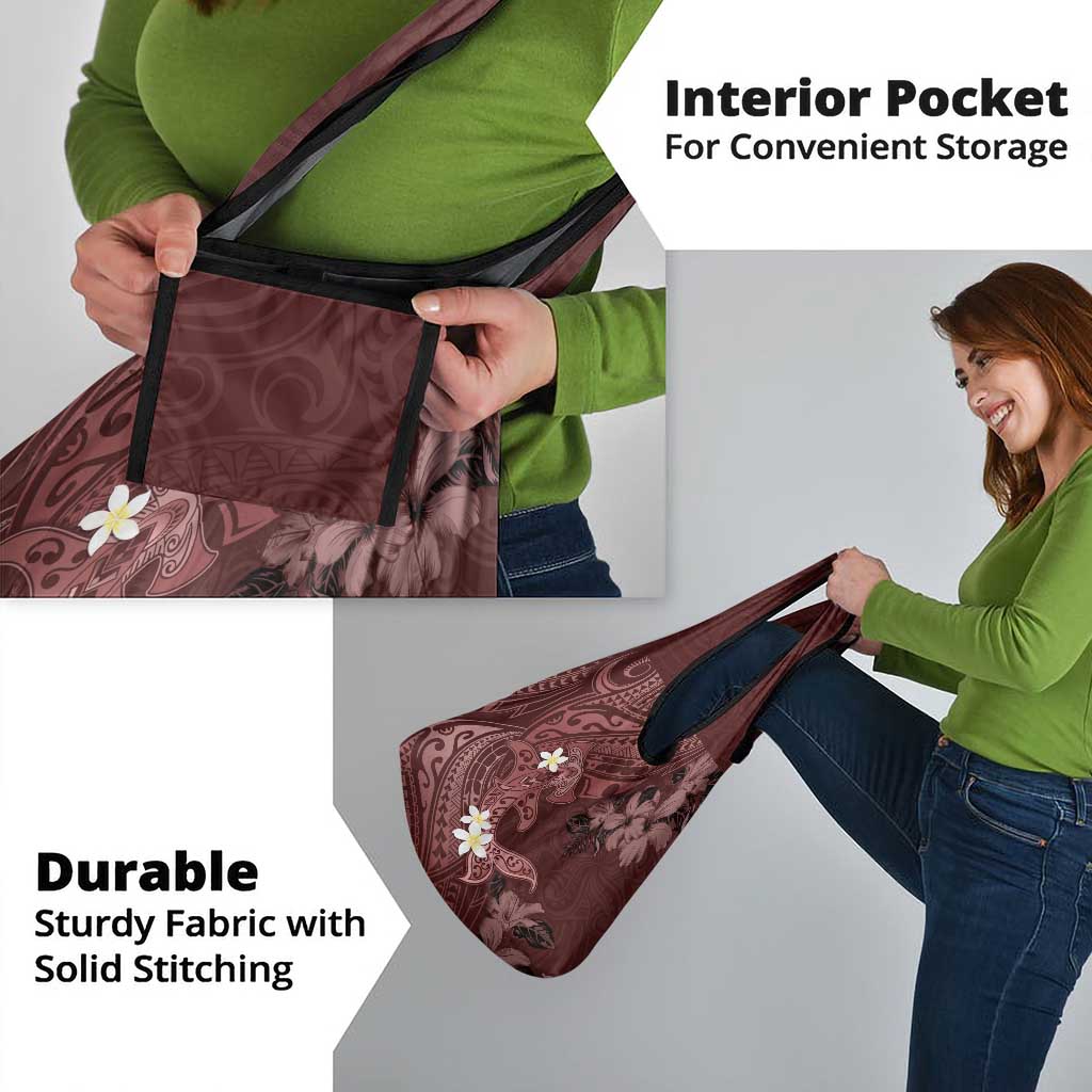 Polynesia Hammerhead Shark Grocery Bag Tropical Flowers Tribal Pattern Oxblood LT05 - Polynesian Pride