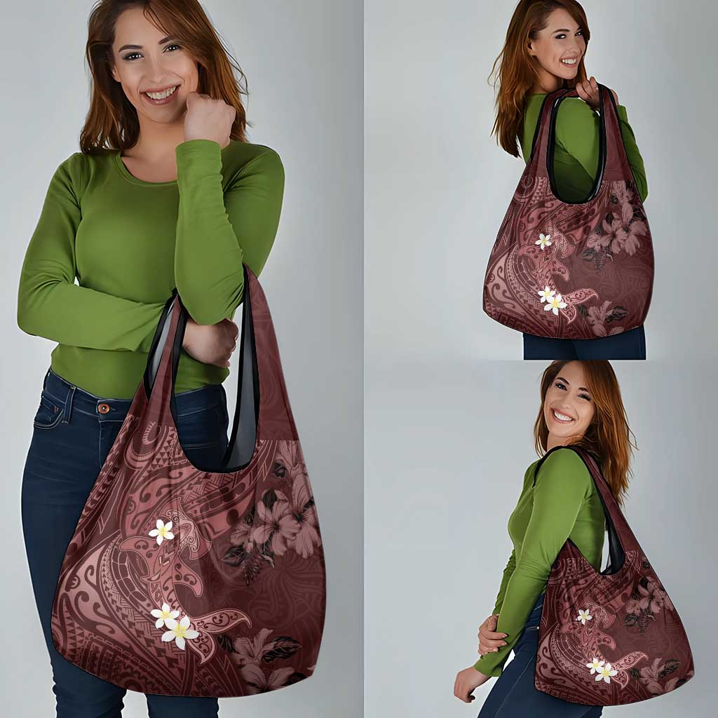 Polynesia Hammerhead Shark Grocery Bag Tropical Flowers Tribal Pattern Oxblood LT05 - Polynesian Pride