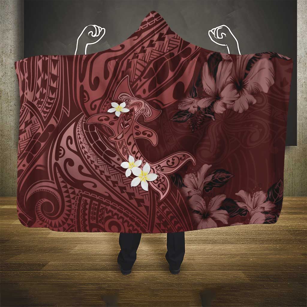 Polynesia Hammerhead Shark Hooded Blanket Tropical Flowers Tribal Pattern Oxblood
