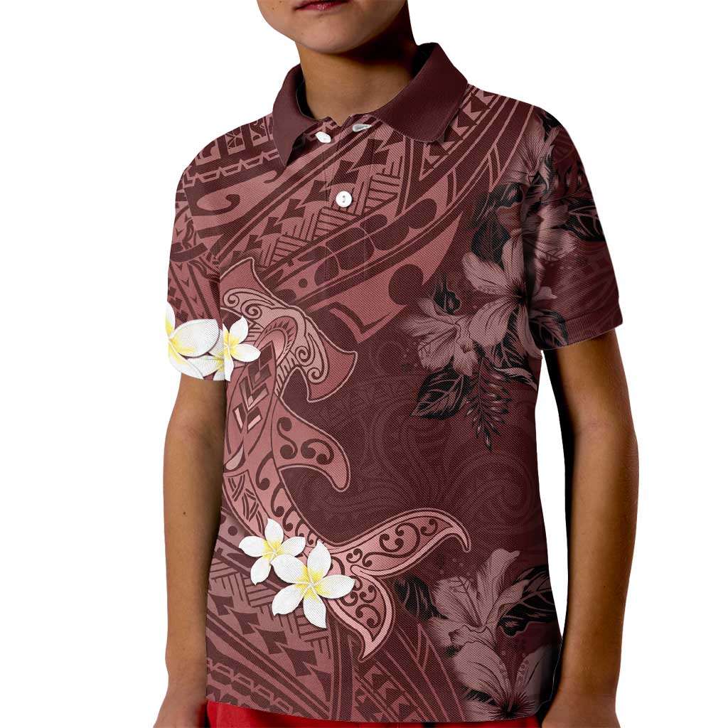 Polynesia Hammerhead Shark Kid Polo Shirt Tropical Flowers Tribal Pattern Oxblood LT05 Kid Oxblood - Polynesian Pride