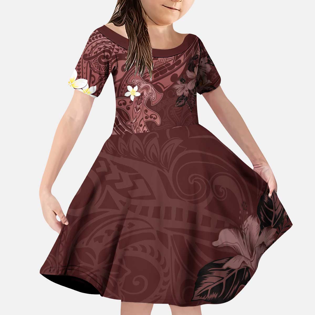 Polynesia Hammerhead Shark Kid Short Sleeve Dress Tropical Flowers Tribal Pattern Oxblood LT05 KID Oxblood - Polynesian Pride