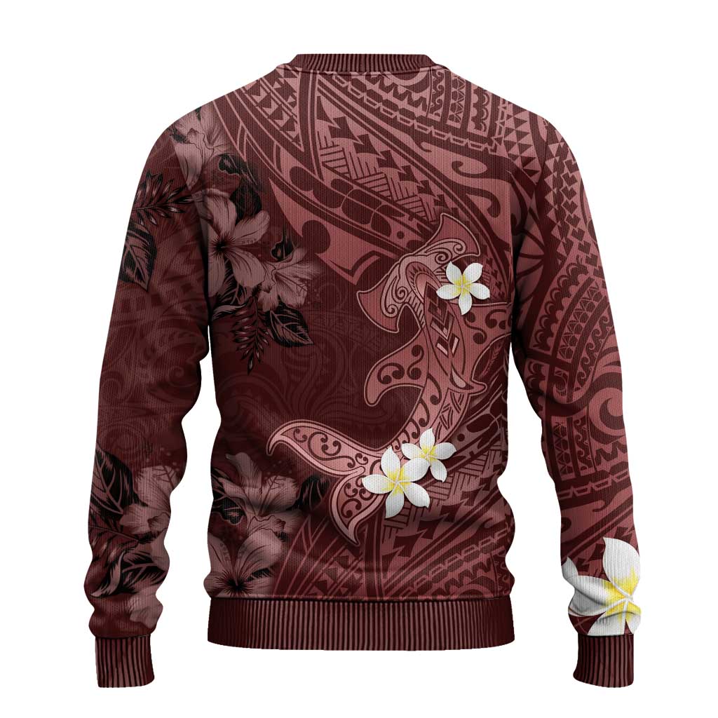 Polynesia Hammerhead Shark Ugly Christmas Sweater Tropical Flowers Tribal Pattern Oxblood