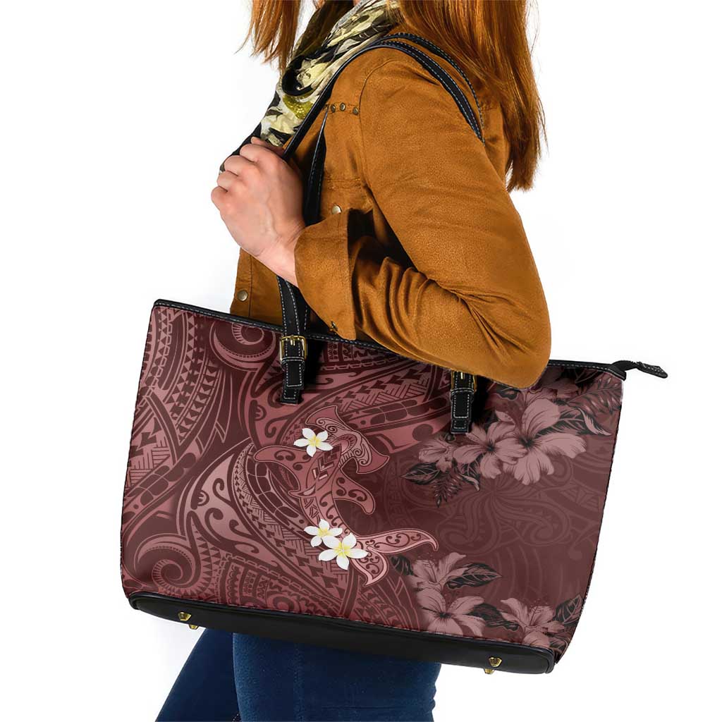 Polynesia Hammerhead Shark Leather Tote Bag Tropical Flowers Tribal Pattern Oxblood