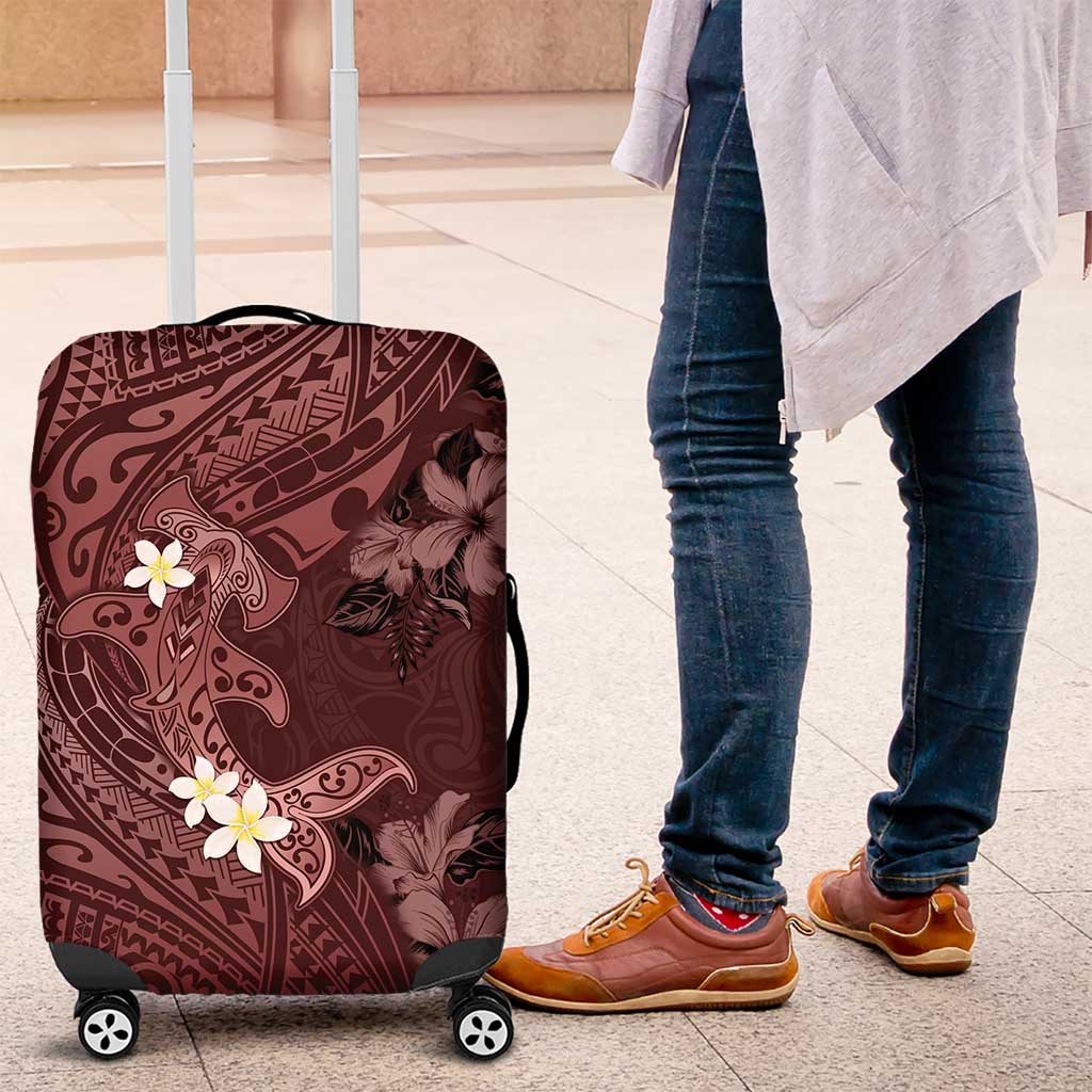 Polynesia Hammerhead Shark Luggage Cover Tropical Flowers Tribal Pattern Oxblood