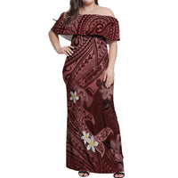 Polynesia Hammerhead Shark Off Shoulder Maxi Dress Tropical Flowers Tribal Pattern Oxblood