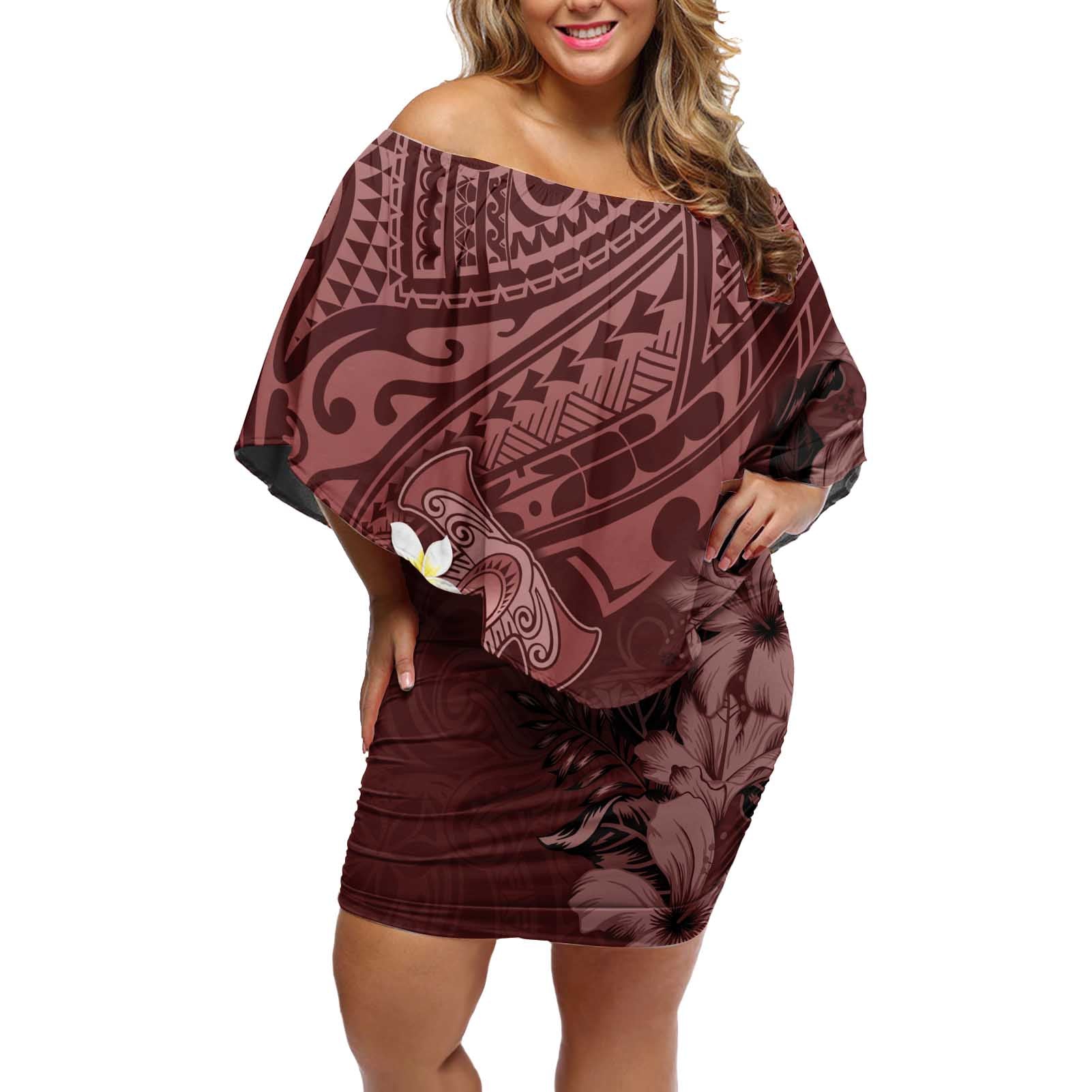 Polynesia Hammerhead Shark Off Shoulder Short Dress Tropical Flowers Tribal Pattern Oxblood