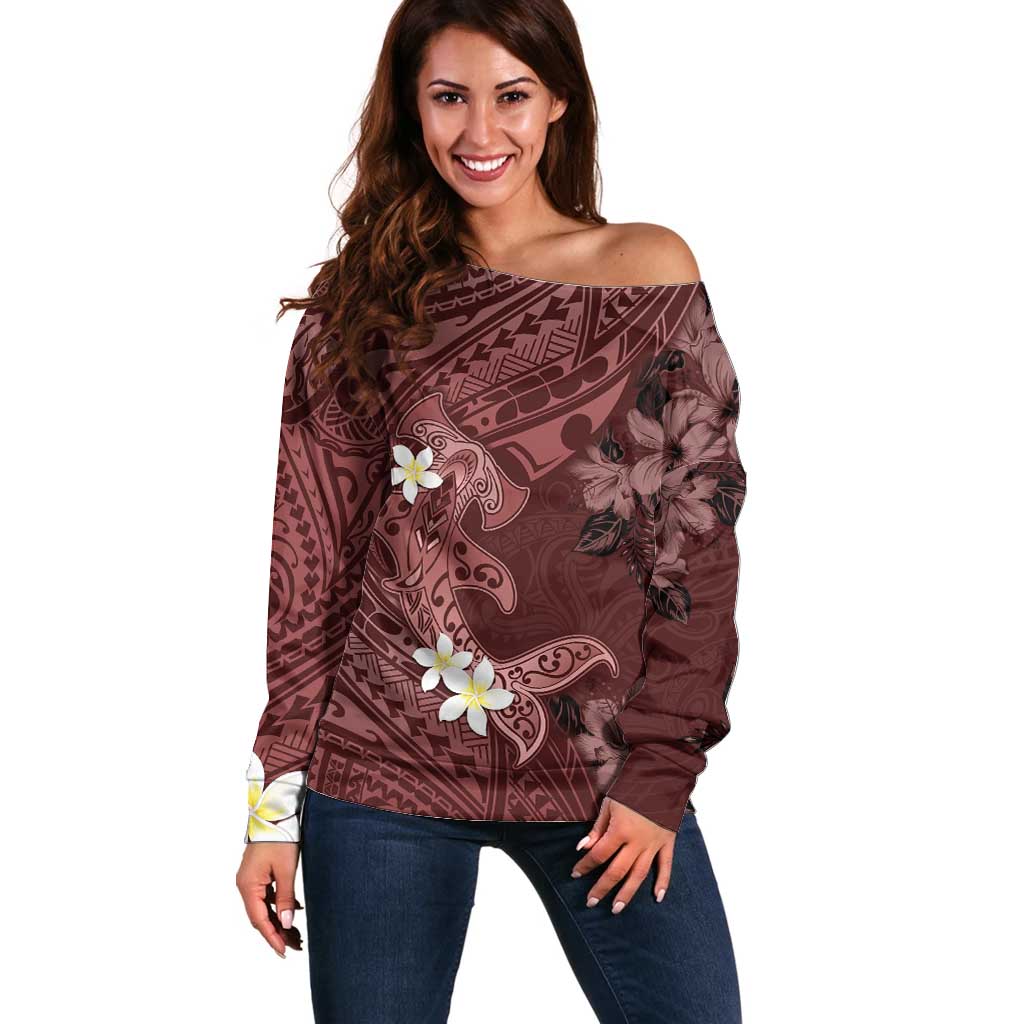 Polynesia Hammerhead Shark Off Shoulder Sweater Tropical Flowers Tribal Pattern Oxblood